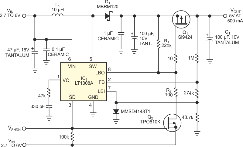 This circuit can both boost and step down the input voltage, depending on whether the input voltage is lower or higher than the output voltage.