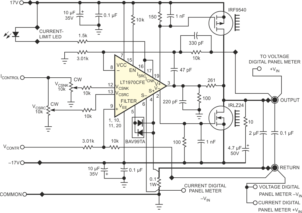 Four-quadrant power supply provides any-polarity voltage and current