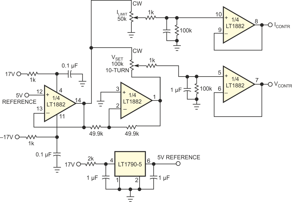 The user-control section allows you to set the voltage range and current-limit parameters for the output section in Figure 1.