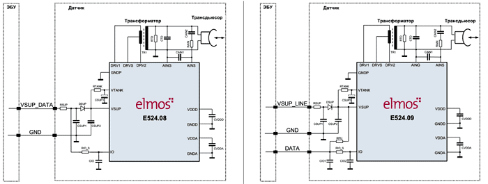Типовые схемы включения ультразвуковых трансформаторных датчиков 2-го поколения E524.08/09