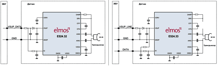 Типовые схемы включения ультразвуковых бестрансформаторных датчиков 2-го поколения E524.32/33