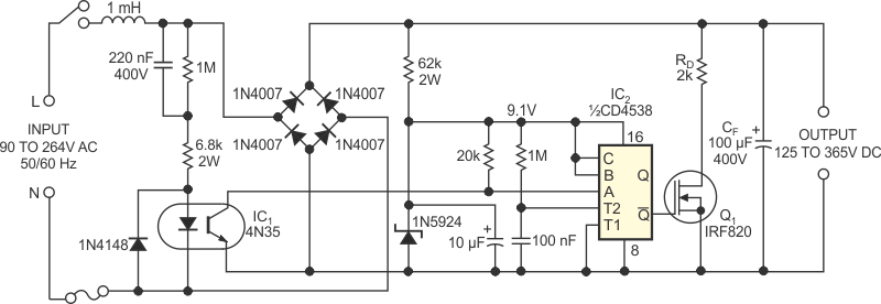 Because of the retriggerable feature of the CD4538 IC, the discharge network, Q1 and RD, remains off when mains power is present; otherwise, it turns on and quickly discharges high-voltage filter capacitor, CF.