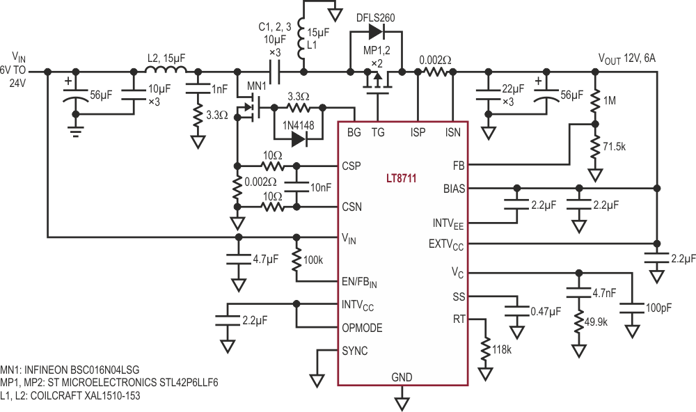 Electrical schematic of LT8711 for SEPIC and buck applications.