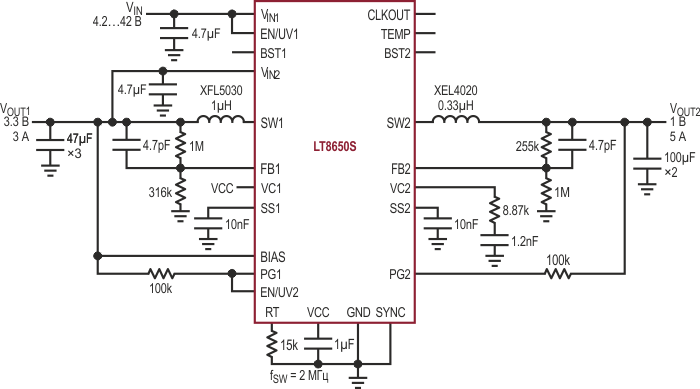 Преобразователь 3.3 В/3 А и 1 В/5 А для питания СнК, работающий на частоте 2 МГц.