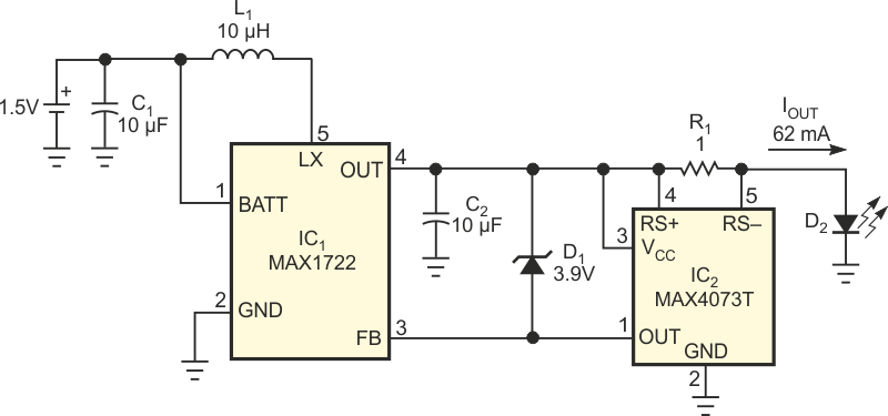 Powered from a single-cell battery, this circuit provides a regulated output current suitable for driving a white LED.