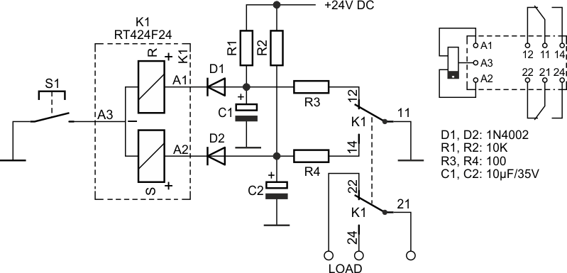 This pulse-controlled circuit of a dual-coil bi-stable relay performs an ON/OFF function, remembers the state during power failure, and is permanently jam-proof. Component values aren't critical.