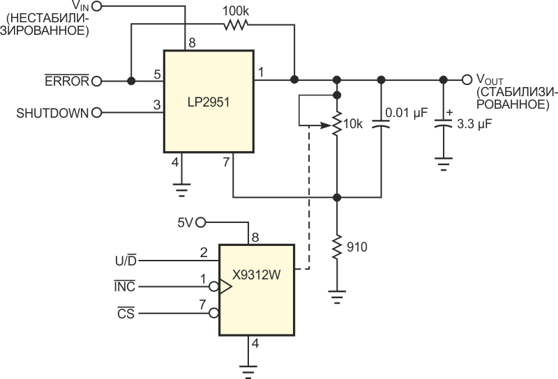 Добавление цифрового потенциометра делает обычный последовательный стабилизатор напряжения программируемым.