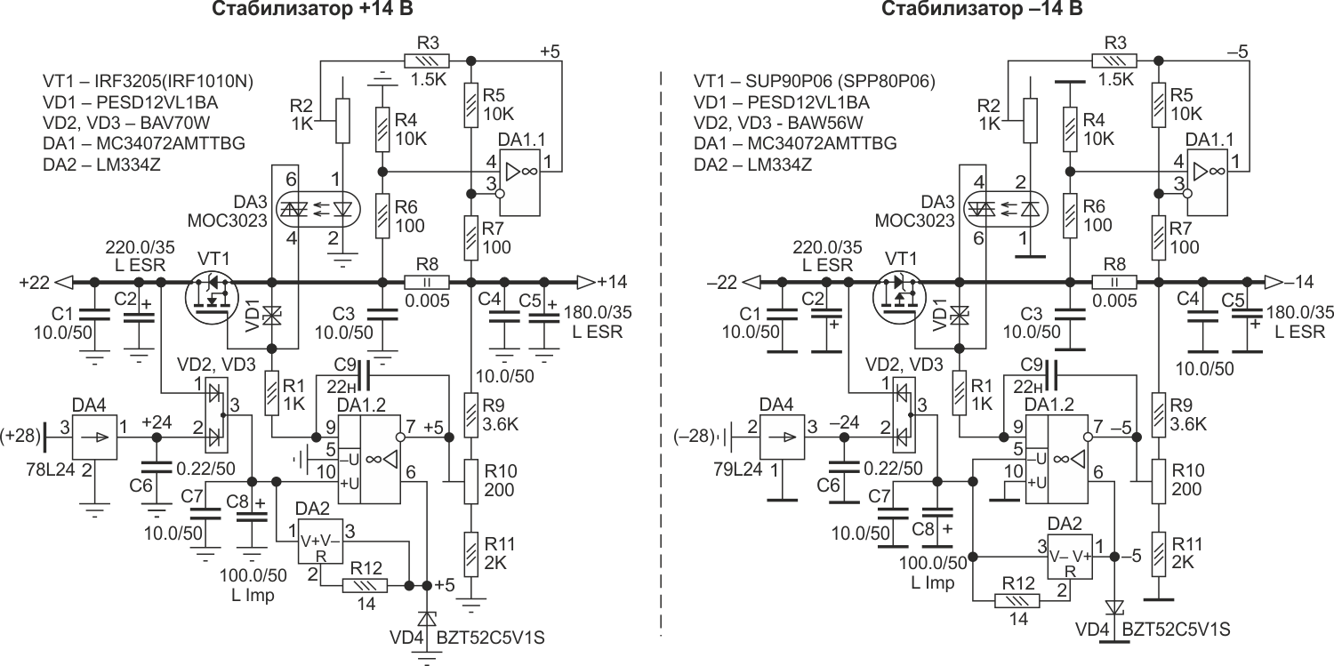 Схемы стабилизаторов +14 В (а) и -14 В (б) на базе ОУ MC34072MTTBG.
