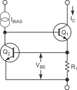 This classic two-transistor current source commonly finds use as a steady source of current or as a limiter.