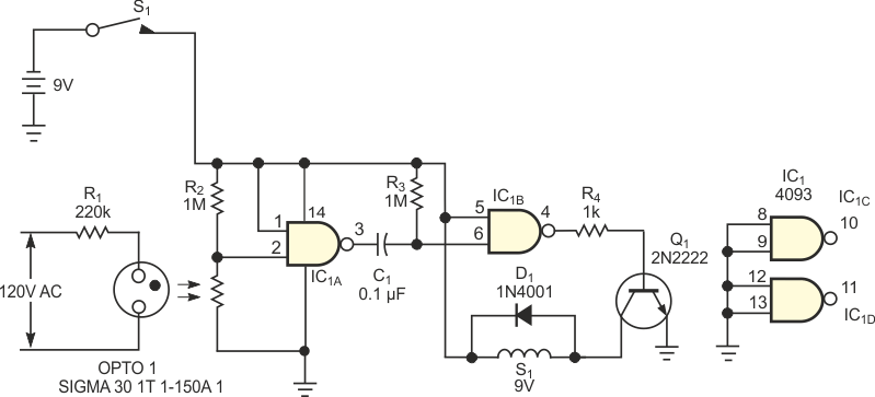 This circuit sets a flag or triggers a visual alarm when the ac-power line fails.