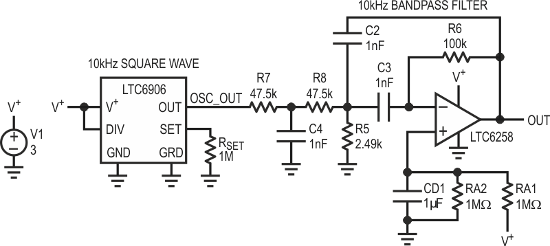 10 kHz Oscillator Circuit Using LTC6906 TimerBlox Input.
