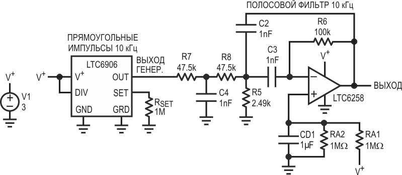 Схема генератора 10 кГц, использующая микросхему LTC6906.