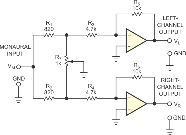 In this basic panoramic-potentiometer circuit, the position of R7's wiper controls the position of a monaural image in a stereo audio signal.