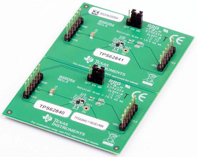 TPS62840 and TPS62841 60-nA IQ, WCSP package, high-efficiency 750-mA step-down converters evaluation board