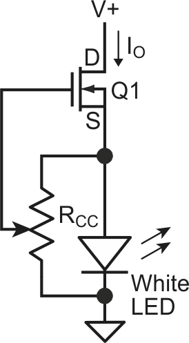 Using a potentiometer across the LED, rather than a rheostat in series, creates a more-efficient architecture for constant-current, controllable LED drive.