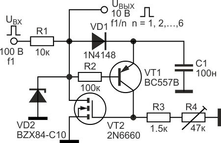 Электрическая схема высоковольтного аналогового делителя частоты с регулируемым целочисленным коэффициентом деления от 1 до 6.