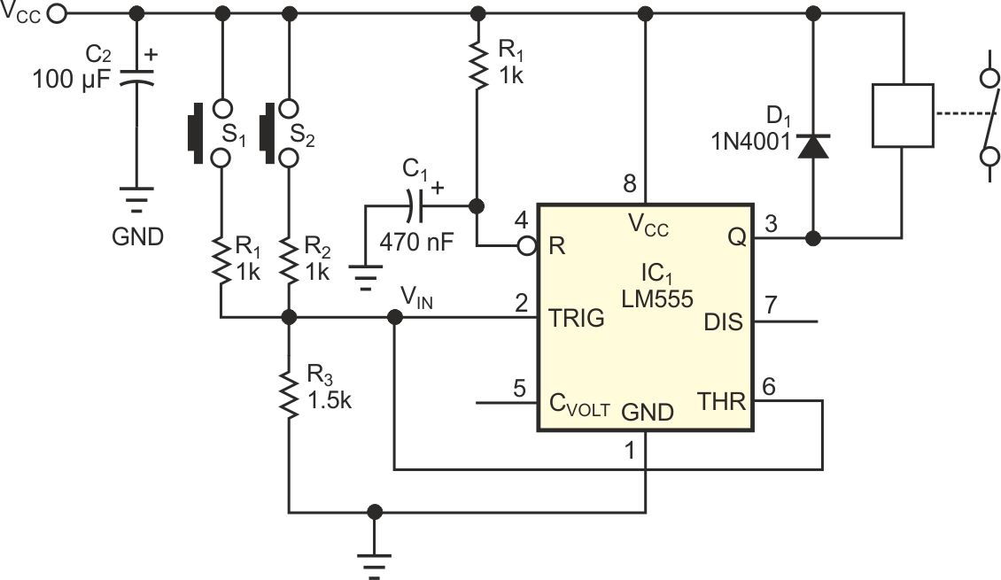 Two buttons turn on the relay; one buttons keeps it going.