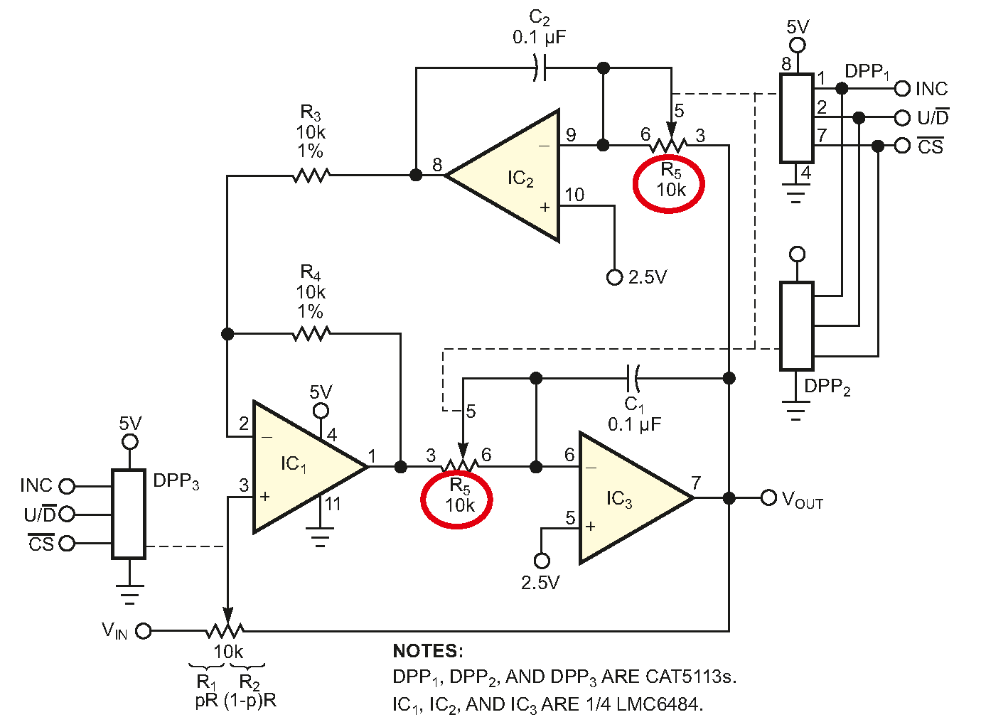 Using digitally programmable potentiometers, you can control a passband filter's center frequency and gain.