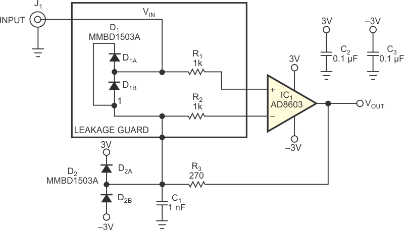 In this alternative design, voltage across both halves of D1 normally approaches 0 V and introduces no leakage currents. During an ESD event, both D1 and D2 conduct to protect IC1's inputs.