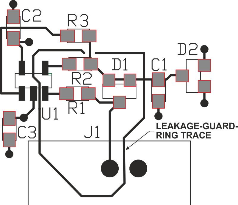 For best performance, place copper traces around the amplifier's high-impedance points to intercept leakage currents.