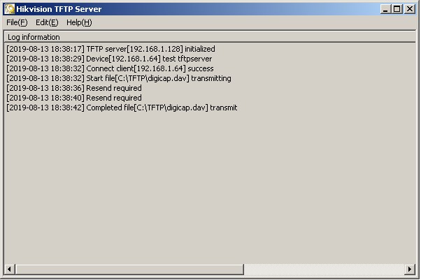 The TFTP server program window displays the server address, active connections and file transfer steps