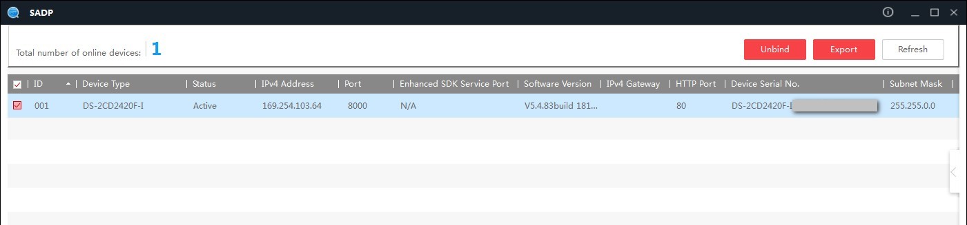 После замены/обновления прошивки видеокамера DS-2CD2420F-I определяется в сетевом сканере SADP