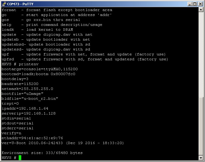 The result of the printenv command in the U-Boot bootloader