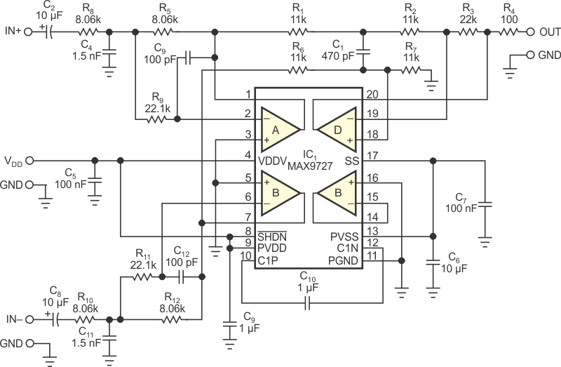 Use this third-order, 30-kHz filter circuit to observe a Class D amplifier's output signal on an oscilloscope.