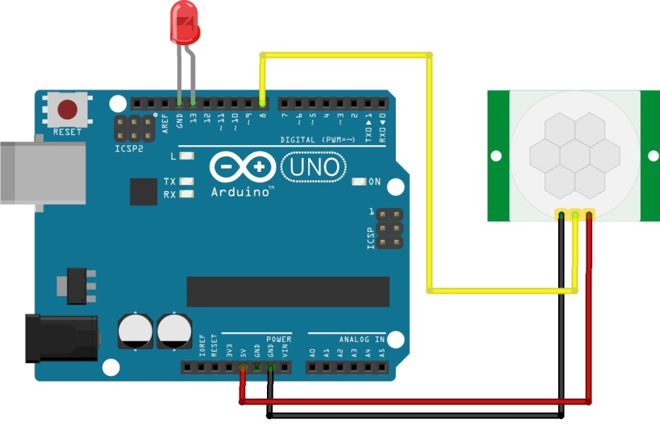 Пример подключения датчика движения HC-SR501 к контроллеру Arduino UNO