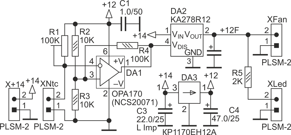 Принципиальная схема включения вентилятора с помощью ОУ и стабилизатора с функцией запрета выхода (Vdis).