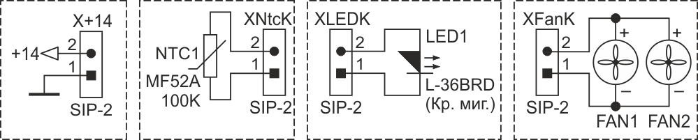 Кабели подключения питания (а), термистора (б), светодиода (в) и вентиляторов (г).