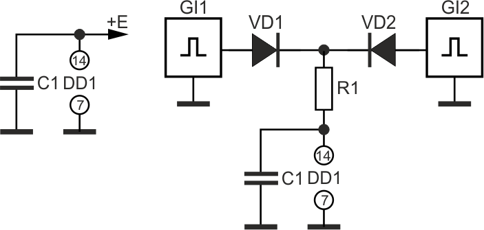 Варианты подключения питания микросхем. (GI1 и GI2 - генераторы импульсов).