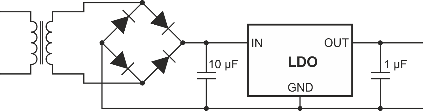 Simplified AC to DC conversion using a transformer and LDO.