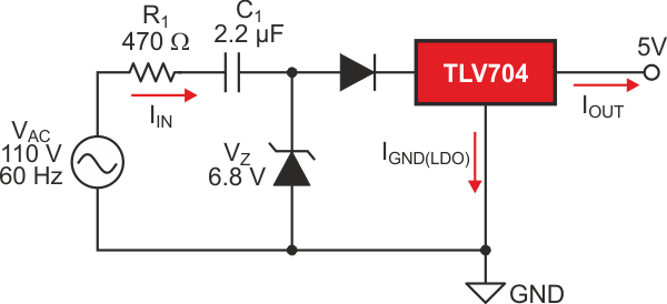 Basic capacitive dropper circuit with an LDO for 110 VAC, 5 VDC and 30 mA.