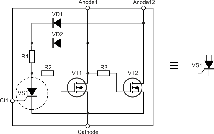 Internal pattern of double-anode   MOSFET thyristor and its logic symbol.