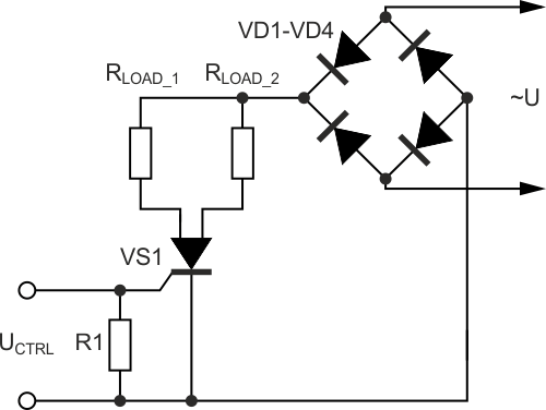 Example of a double-anode MOSFET thyristor connection diagram in an AC circuit.