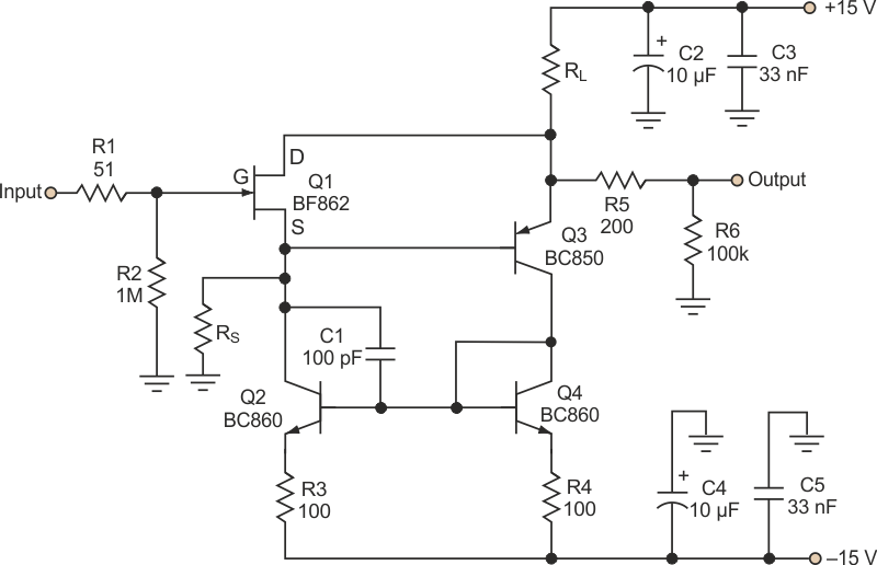A JFET follower circuit with a current mirror made up of Q2 and Q4 provides distortion cancellation based on the value selected for RS.