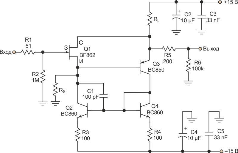 Повторитель на полевом транзисторе с управляющим переходом, дополненный токовым зеркалом на транзисторах Q2 и Q4, обеспечивает подавление искажений при надлежащем выборе сопротивления резистора RS.