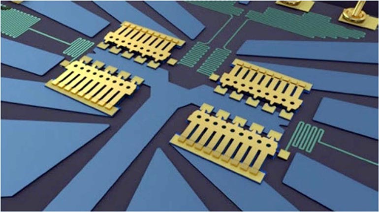 Analog Devices has a wide selection of MEMS switches targeting RF applications. The bondwire at the upper right gives an idea of the small scale of the part. (Courtesy of Analog Devices)