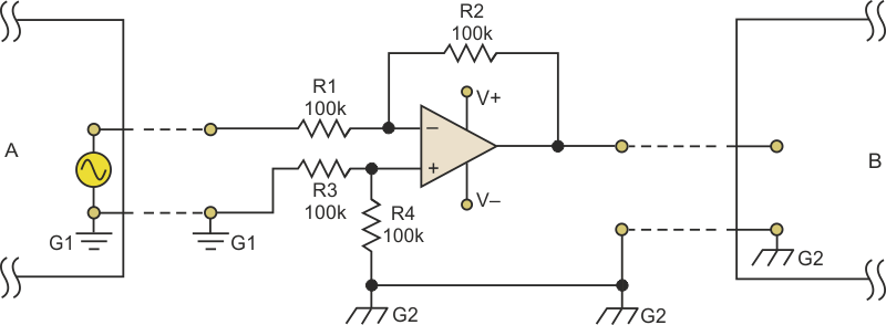 A simple op-amp circuit placed between a transformerless circuit with a ground tied to neutral and a circuit with an earth ground will eliminate the safety and noise problems associated with such connections.