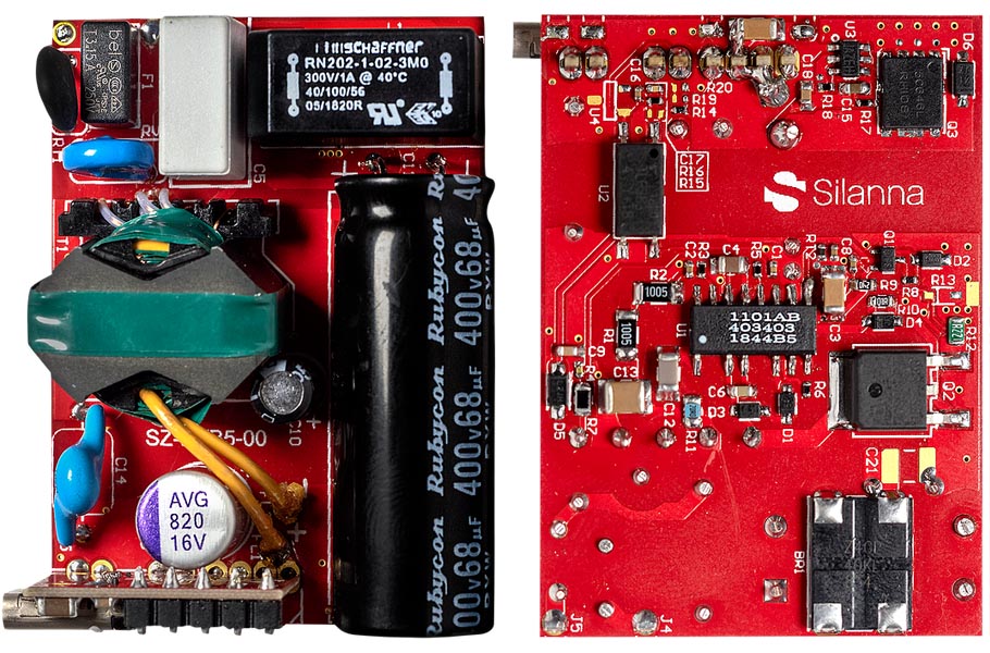 The SZ1101 evaluation board; top view (left) and bottom (right)