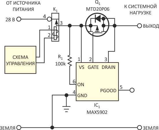 Микросхема контроллера горячей замены и внешний MOSFET подавляют дребезг контактов реле K1.