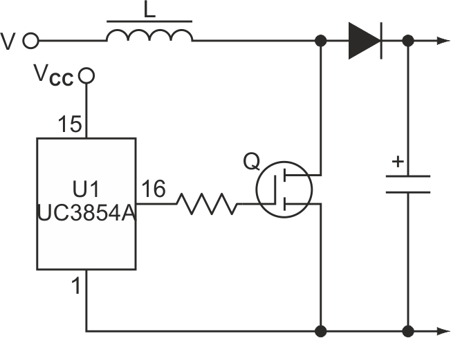 В этой упрощенной схеме ККМ используется микросхема UC3854A и один мощный MOSFET.