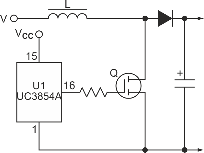 This simplified PFC circuit uses the UC3854A and a single power MOSFET.