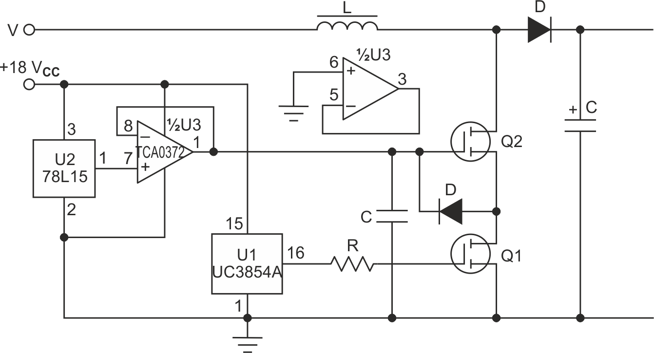 В такой конфигурации с общим истоком схема ККМ представляет собой каскодное соединение MOSFET и использует контроллер повышающего преобразователя U1, который через резистор управляет низковольтным MOSFET.