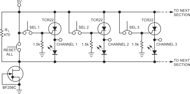 This one-of-N latching circuit uses no clock or capacitors. The LEDs double as channel indicators.