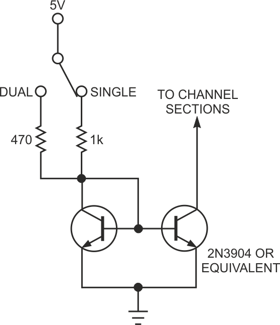 A current mirror replaces the JFET in Figure 1 and allows the choice of single or dual channels.