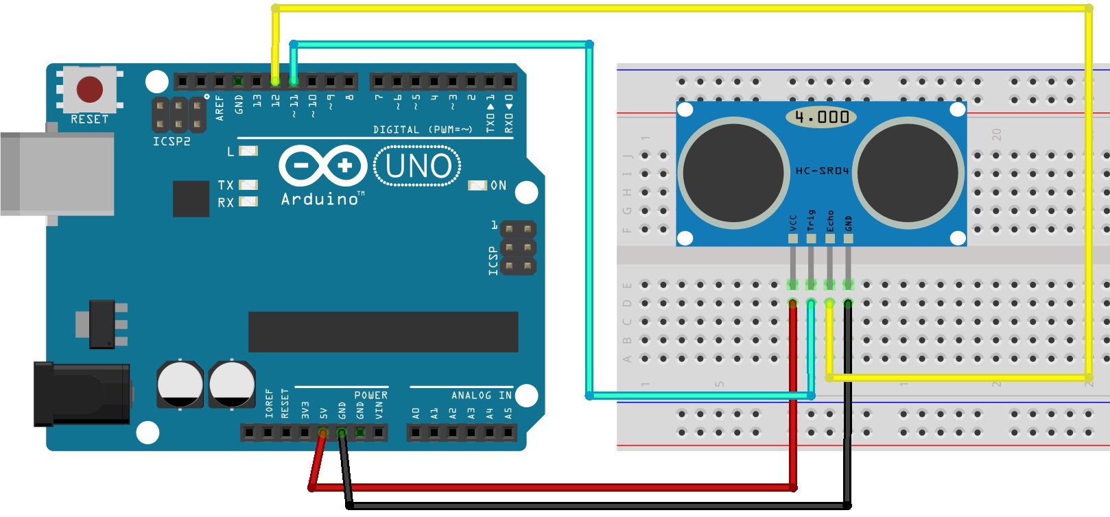 schematic diagram to wire the HC-SR04 ultrasonic sensor to the Arduino