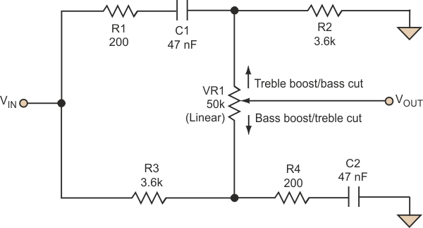 This simple circuit allows single-adjustment tone control for fine balance adjustment or applications where multiple controls are impractical.