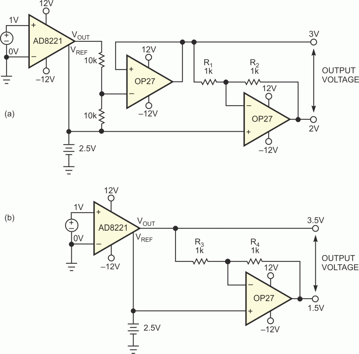 The differential-output circuits having unity gain (a) and a gain of two (b) suffer from high noise level, excessive offset error and drift, and significant gain error and drift.